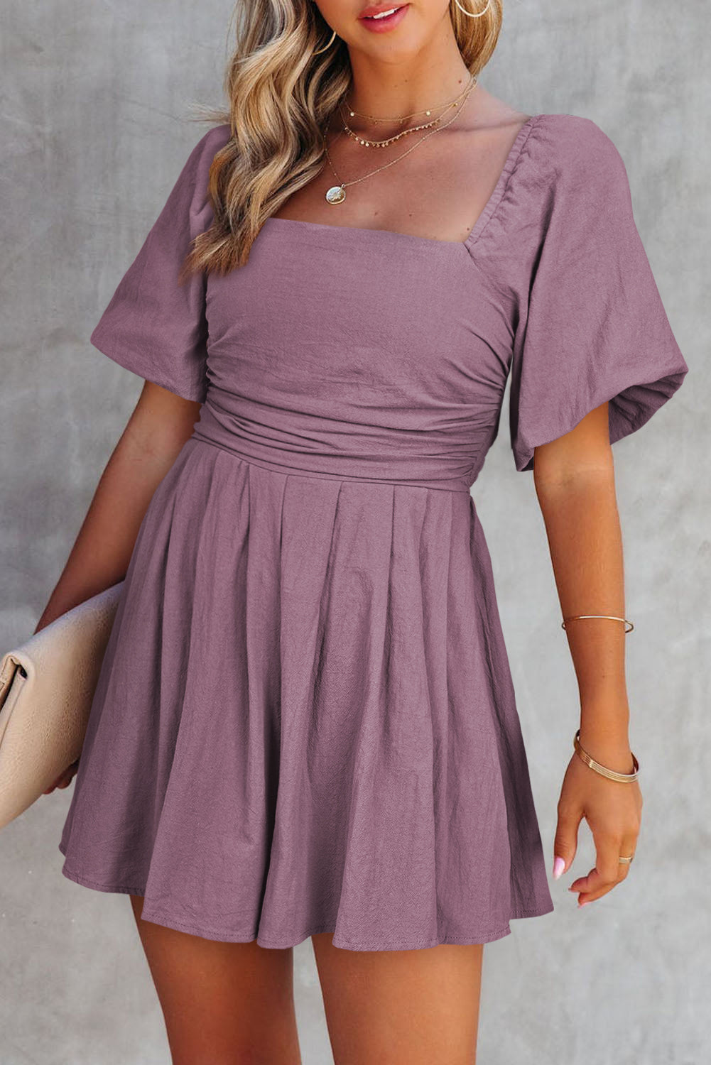 Dear-Lover Valerian square neck romper with ruched bodice and puff sleeves, made of 100% cotton, stylish jumpsuit for women.