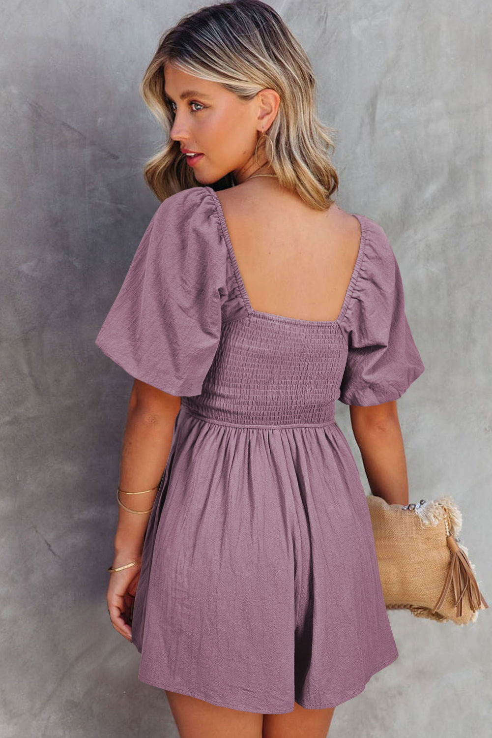 Dear-Lover Valerian square neck romper with ruched details and puff sleeves, made of 100% cotton, stylish and comfortable jumpsuit.