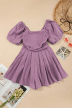 Dear-Lover Valerian square neck romper with ruched bodice and puff sleeves, made of 100% cotton, stylish jumpsuit for casual wear.
