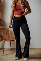 Black V-shape high waist flared leggings by Dear-Lover, featuring a fitted style with a flared leg design.
