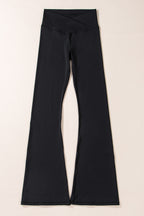 Black V-shape high waist flared leggings from Dear-Lover, made of polyamide and elastane, shown on a model.
