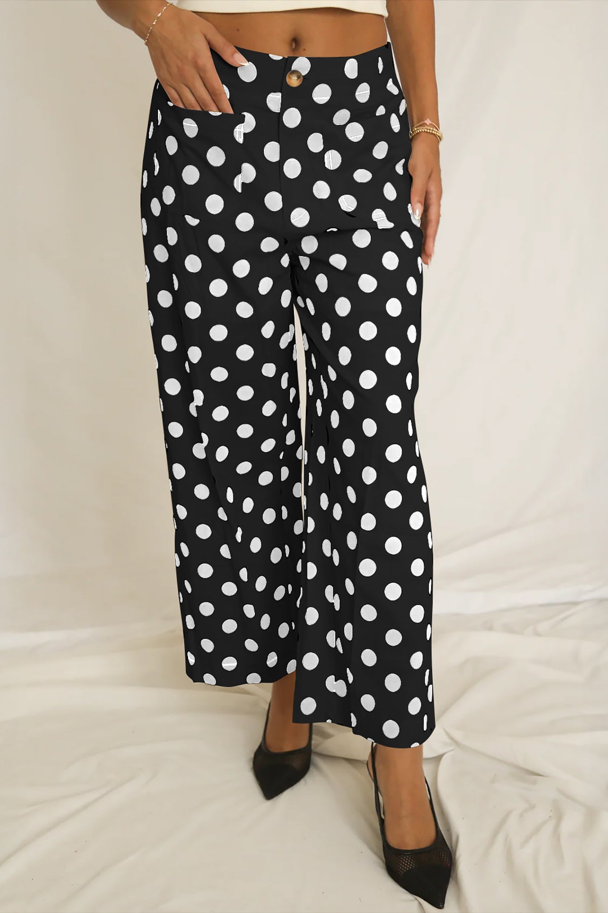 Black polka dot print patched pocket mid-rise straight leg pants by Dear-Lover, stylish bottoms with a classic polka dot design.