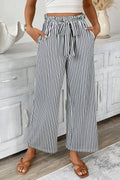 Black stripe tied high waist casual pants by Dear-Lover, loose straight fit with polyester-elastane fabric for comfortable style.