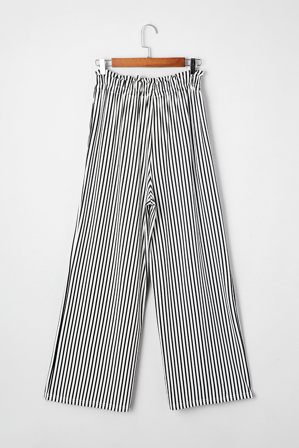 Black stripe high waist loose casual pants by Dear-Lover, featuring a tied waist and straight-leg culotte style, made of polyester and elastane.