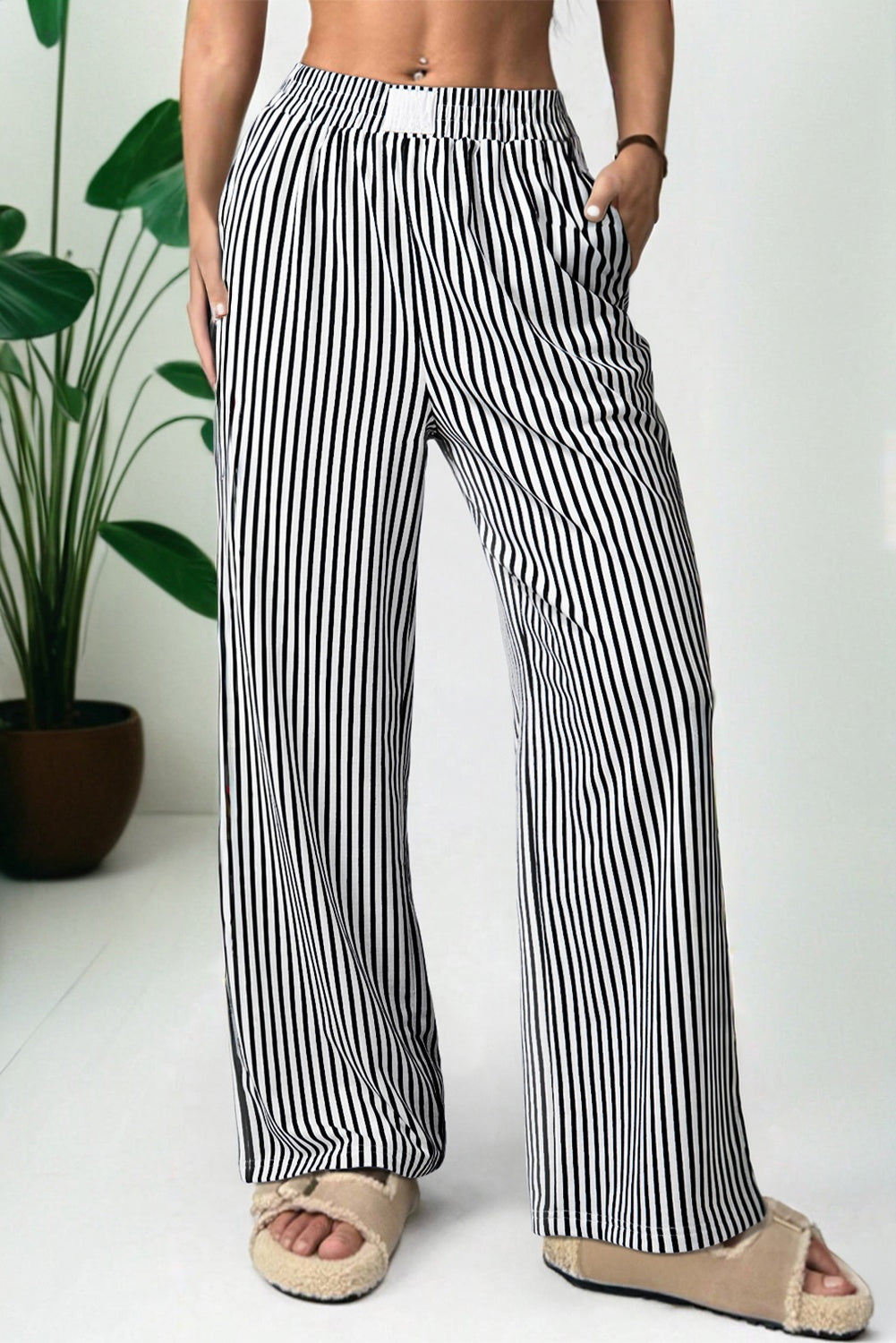 Black stripe elastic high waist pocketed loose pants from Dear-Lover, stylish culottes made of polyester and elastane.