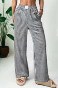 Black stripe elastic high waist pocketed loose pants from Dear-Lover, stylish culottes made of polyester and elastane.