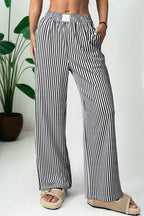 Black stripe elastic high waist pocketed loose pants from Dear-Lover, stylish culottes made of polyester and elastane.