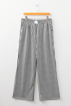 Black stripe elastic high waist culotte pants with pockets, made of polyester and elastane, featuring a loose fit and stylish design.