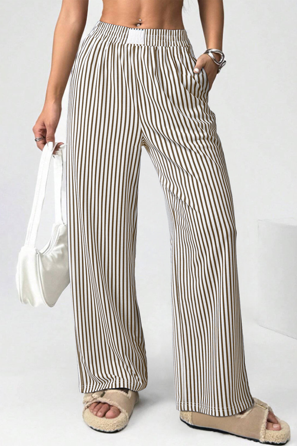 Black stripe elastic high waist pocketed loose pants from Dear-Lover, featuring a relaxed fit, polyester blend, and stylish culotte design.
