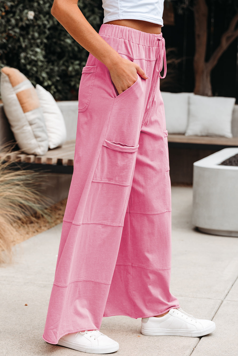 Dear-Lover Bonbon Mineral Wash wide-leg cargo pants with exposed seams, drawstring elastic waistband, and 100% cotton culotte bottoms