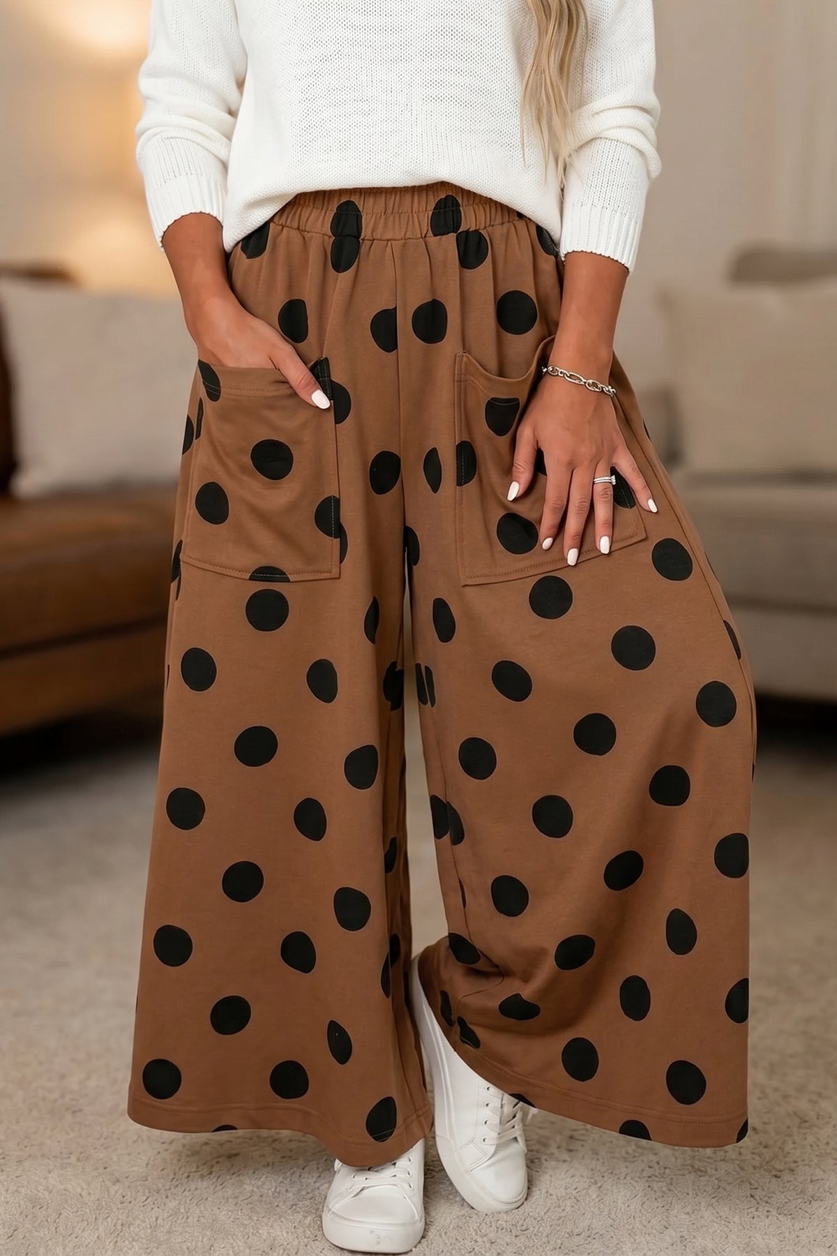 Brown polka dot wide-leg casual pants with elastic waist, made of polyester and elastane, by Dear-Lover.