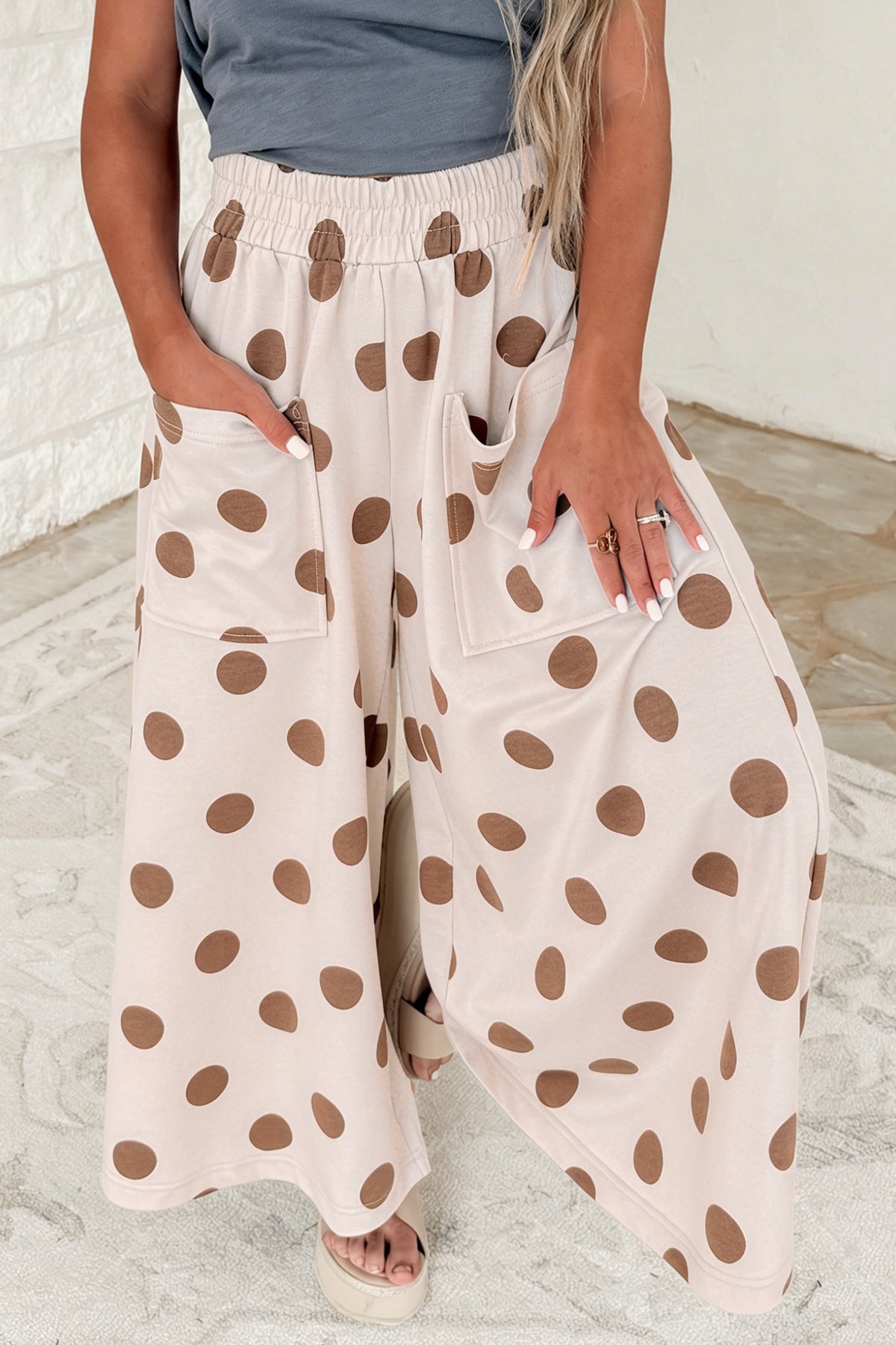 Brown polka dot wide-leg casual pants with elastic waistband, made of polyester and elastane, from Dear-Lover.
