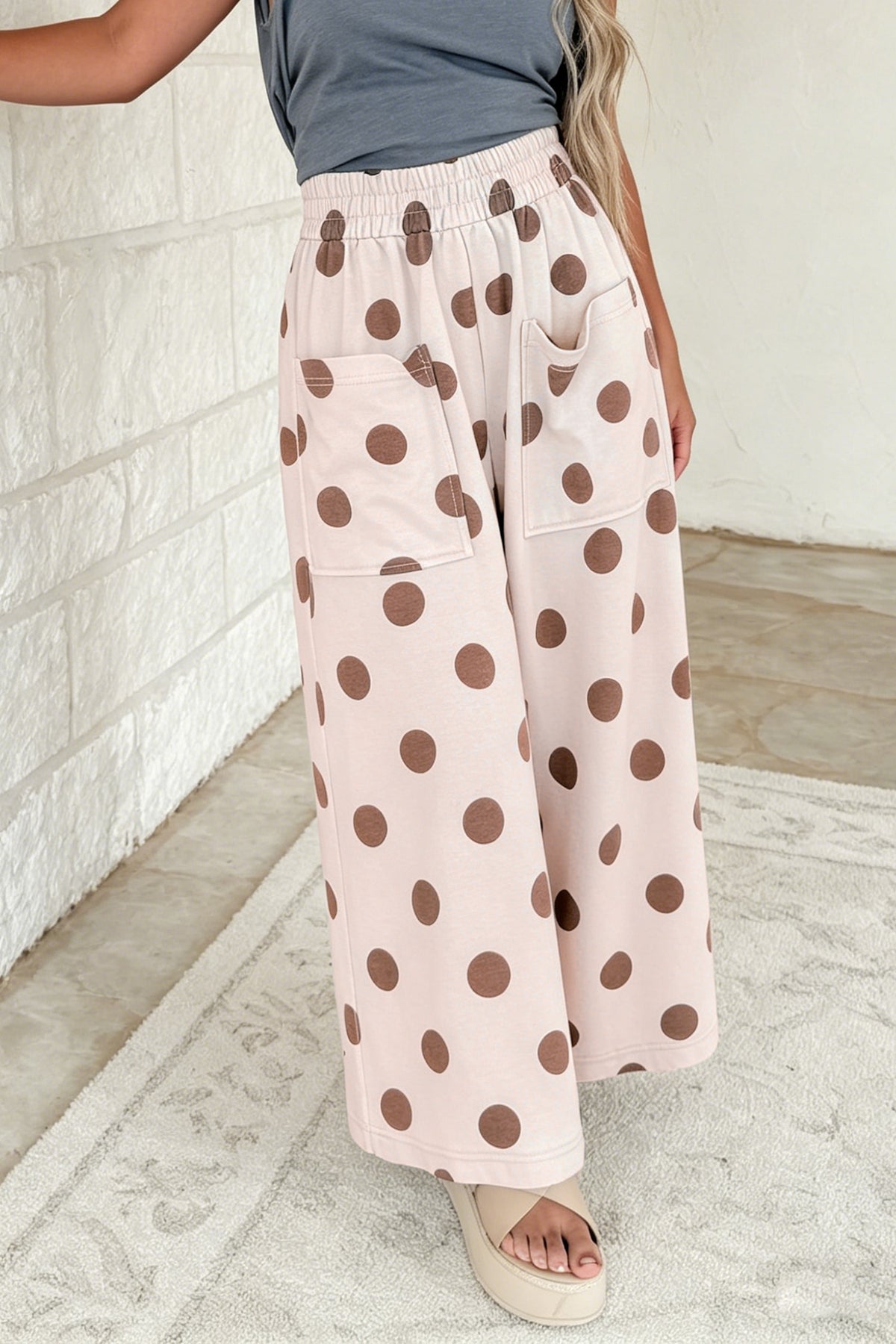 Brown polka dot wide-leg casual pants with elastic waist, made of polyester and elastane, from Dear-Lover.