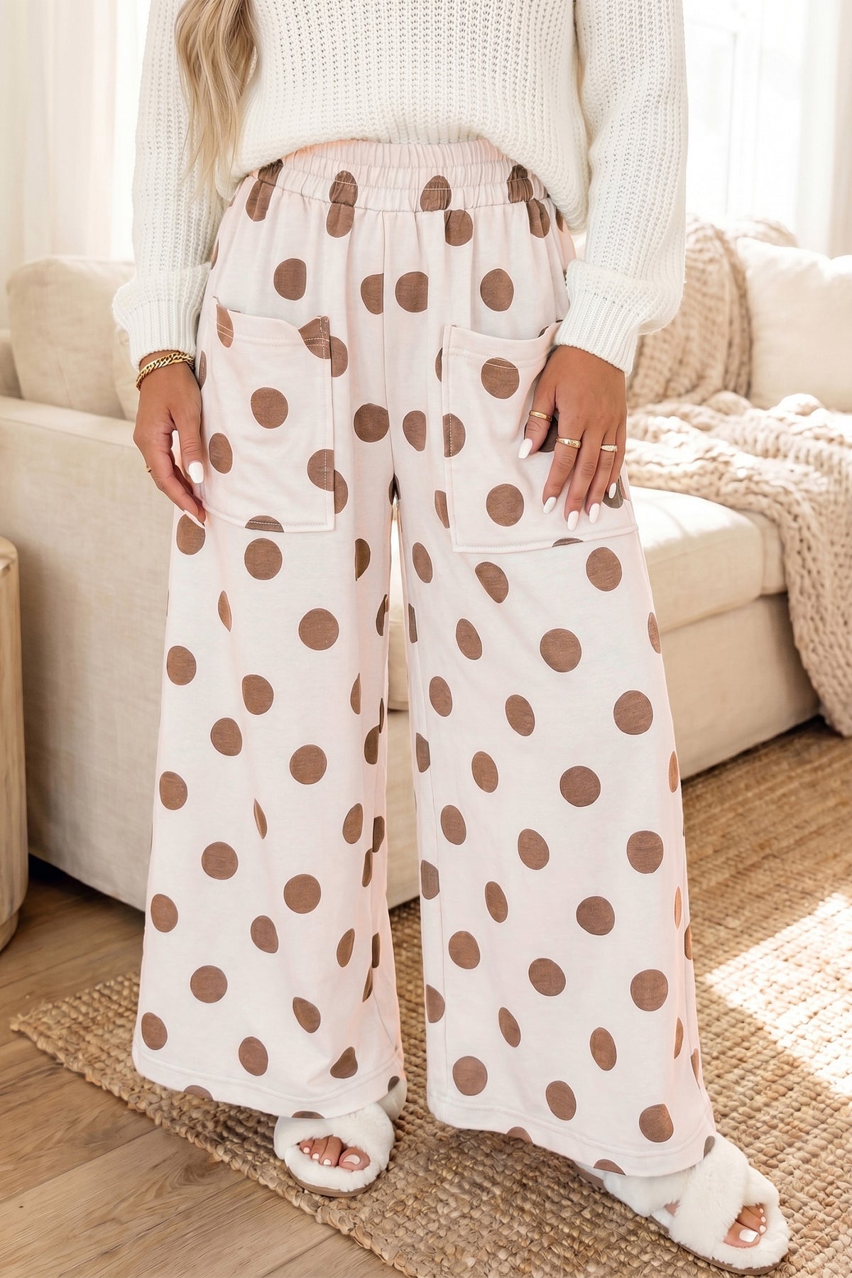 Brown polka dot wide-leg casual pants with elastic waist, made of polyester and elastane, from Dear-Lover.