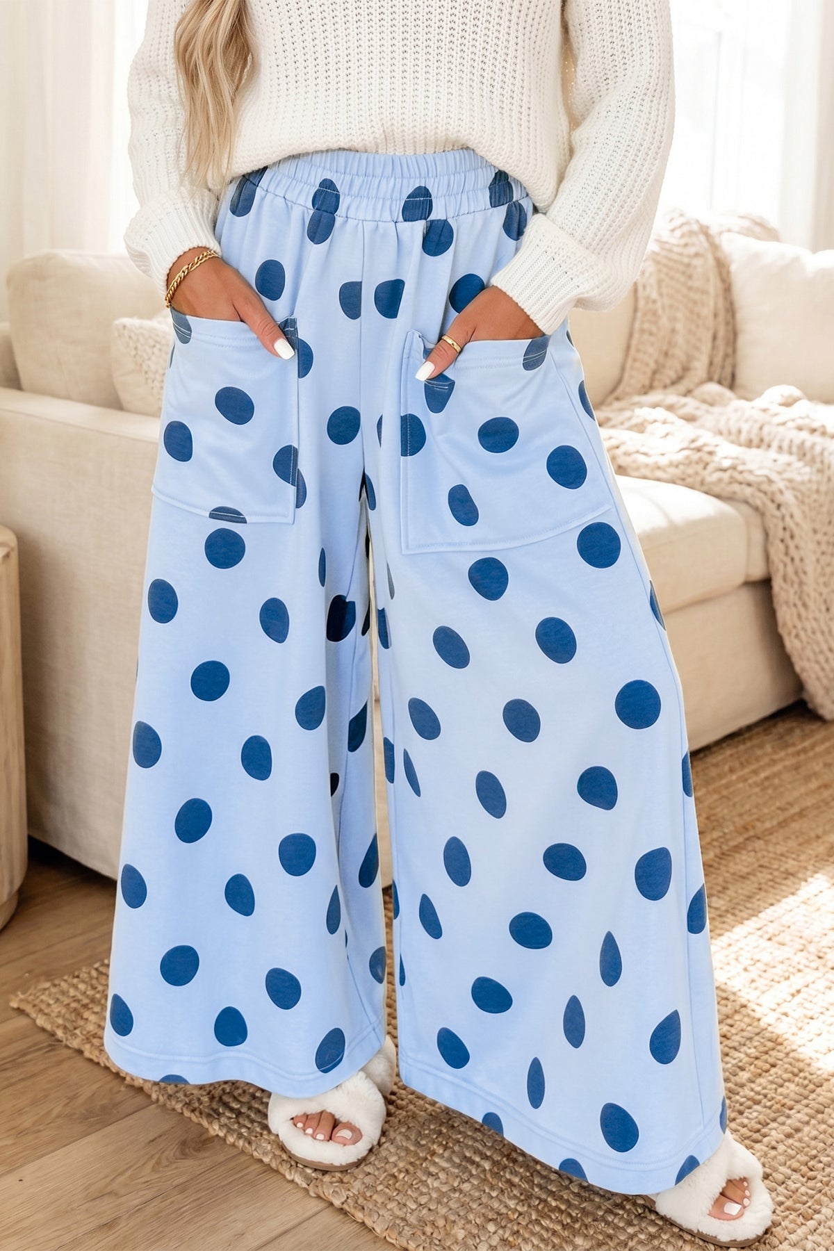 Brown polka dot wide-leg casual pants with elastic waistband, made of polyester and elastane, from Dear-Lover.