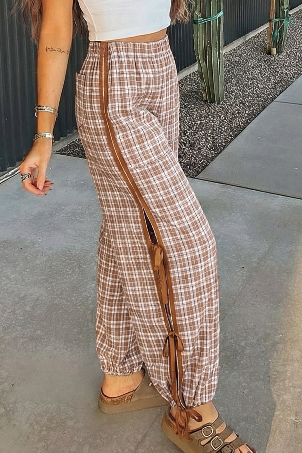 Chestnut plaid print jogger pants with elastic waist, bow tie detail, and contrasting accents, from Dear-Lover Dropshipping.