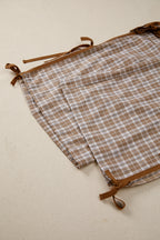 Chestnut plaid print jogger pants with elastic waist, bow tie, and contrast details by Dear-Lover, made of polyester, viscose, and elastane.