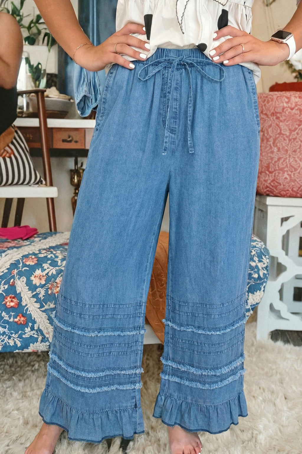 Dusk blue ruffled hem wide-leg chambray pants by Dear-Lover, featuring a relaxed fit and casual style, made of 100% cotton.