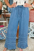 Dusk blue ruffled hem wide-leg chambray pants by Dear-Lover, featuring a relaxed fit and casual style, made of 100% cotton.