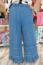 Dusk blue ruffled hem wide-leg chambray pants by Dear-Lover Dropshipping, featuring a relaxed fit and casual style.