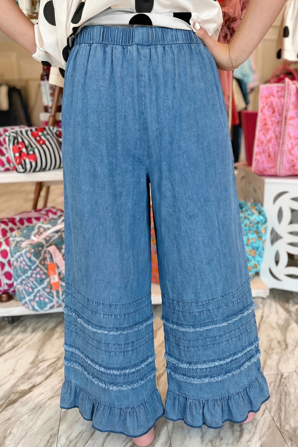 Dusk blue ruffled hem wide-leg chambray pants by Dear-Lover Dropshipping, featuring a relaxed fit and casual style.