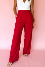 Fiery red pleated detail pull-on high-waist loose straight pants from Dear-Lover, made of polyester and elastane.