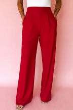 Fiery red pleated detail pull-on high elastic waist loose straight pants by Dear-Lover, made of polyester and elastane.