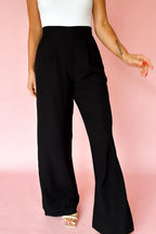 Fiery red pleated detail pull-on high waist loose straight pants by Dear-Lover, made of polyester and elastane, with an elastic waistband.