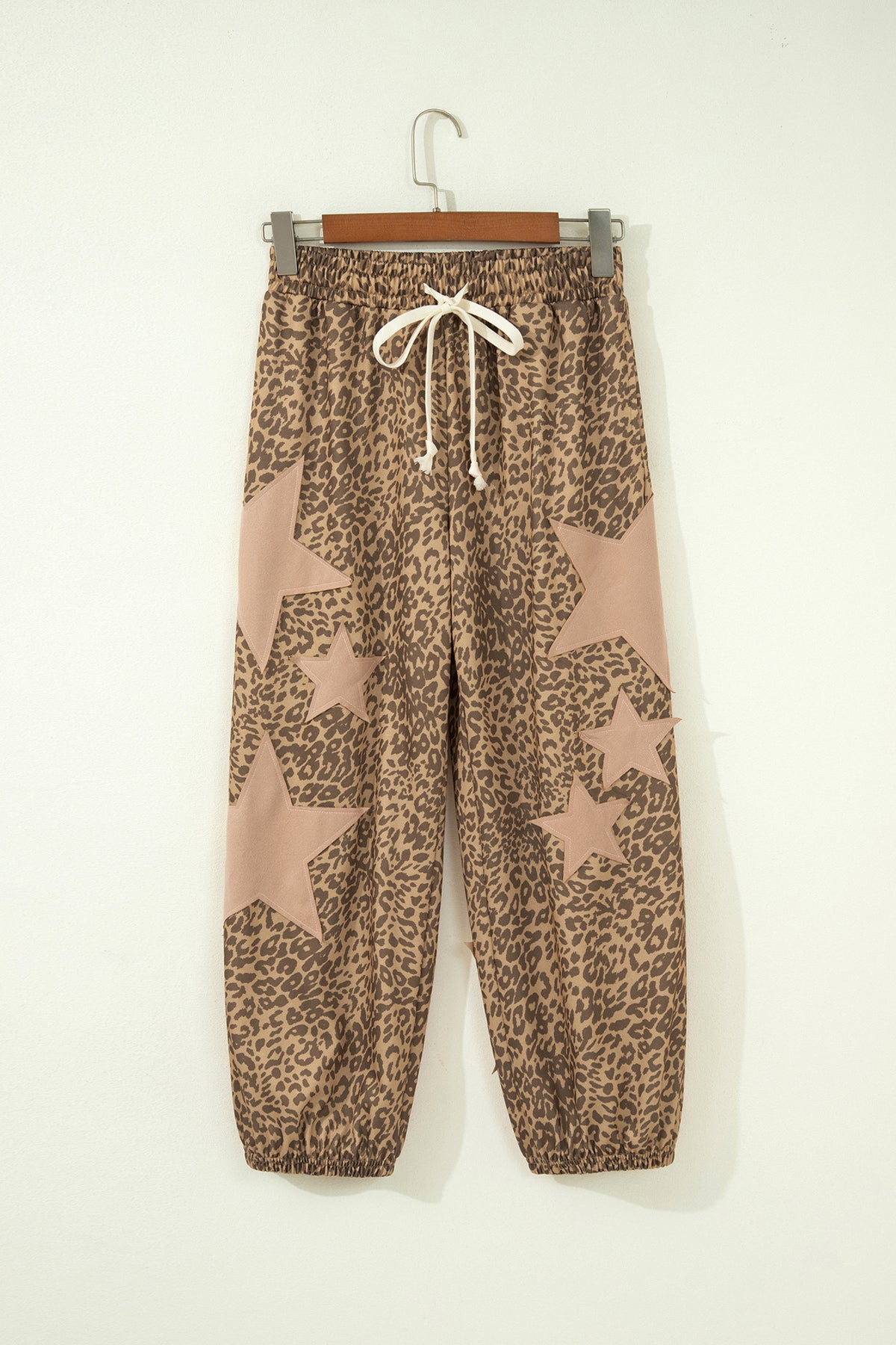 Gray leopard print jogger pants with star patches, drawstring waist, elastic band, casual bottoms from Dear-Lover.