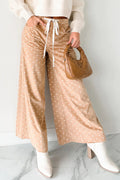 Khaki polka dot print drawstring wide-leg pants by Dear-Lover Dropshipping, lightweight polyester culottes for a relaxed fit.