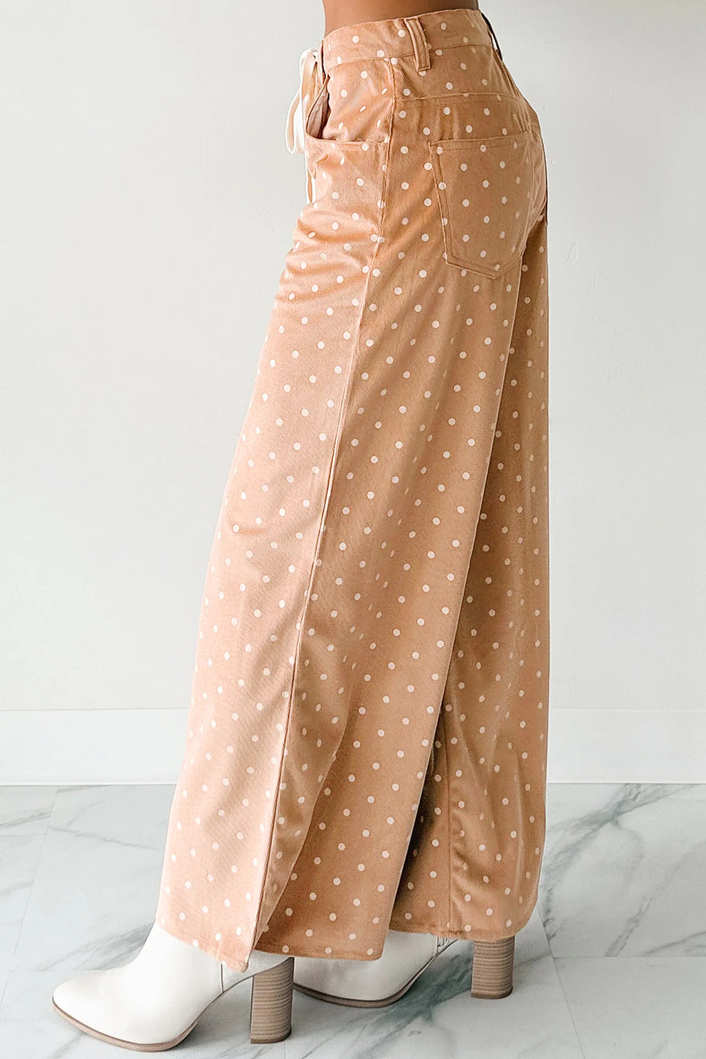 Khaki polka dot print drawstring wide-leg pants from Dear-Lover Dropshipping, stylish polyester bottoms with a relaxed fit.