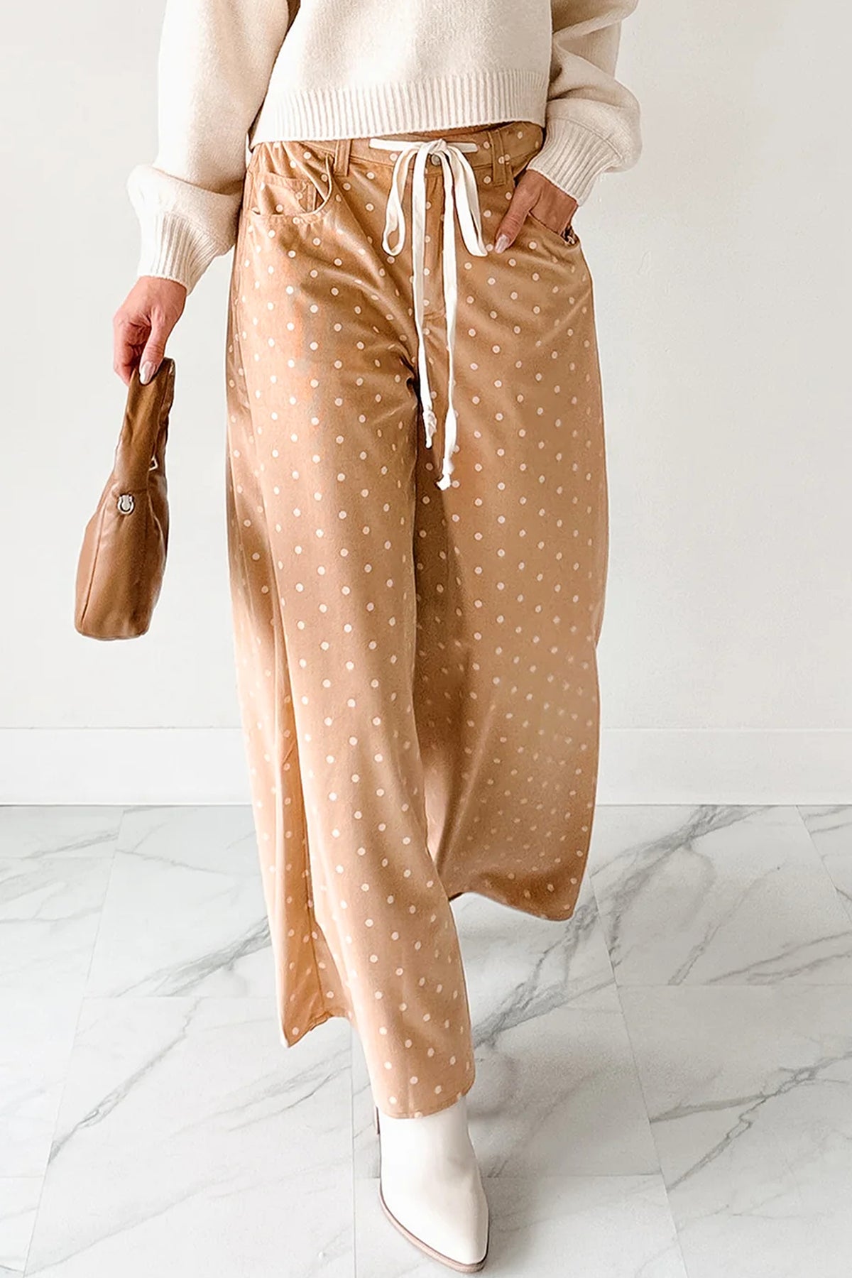 Khaki polka dot print drawstring wide-leg pants by Dear-Lover, casual polyester culottes with relaxed fit and wide leg silhouette.