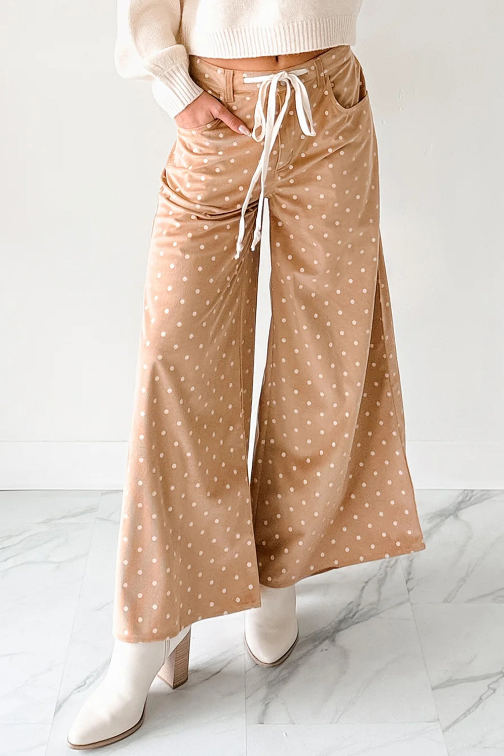 Khaki polka dot print drawstring wide leg pants by Dear-Lover Dropshipping, lightweight polyester culottes with relaxed fit.