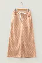 Khaki polka dot print drawstring wide-leg pants from Dear-Lover, casual polyester culottes with relaxed fit and stylish pattern.