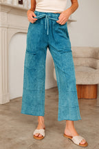 Medium grey Lapis Mineral Wash lace-up high waist pants with raw hem, patched pockets, and a relaxed culotte style from Dear-Lover.