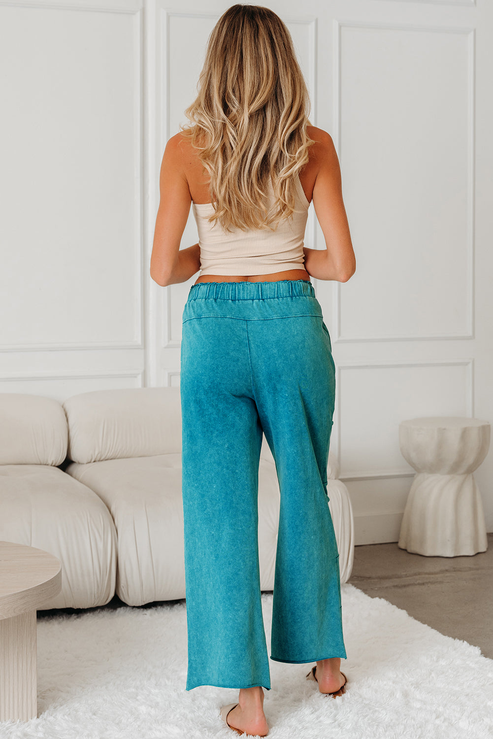 Medium grey lace-up high waist pants with raw hem, patched pockets, and lapis mineral wash by Dear-Lover Dropshipping.