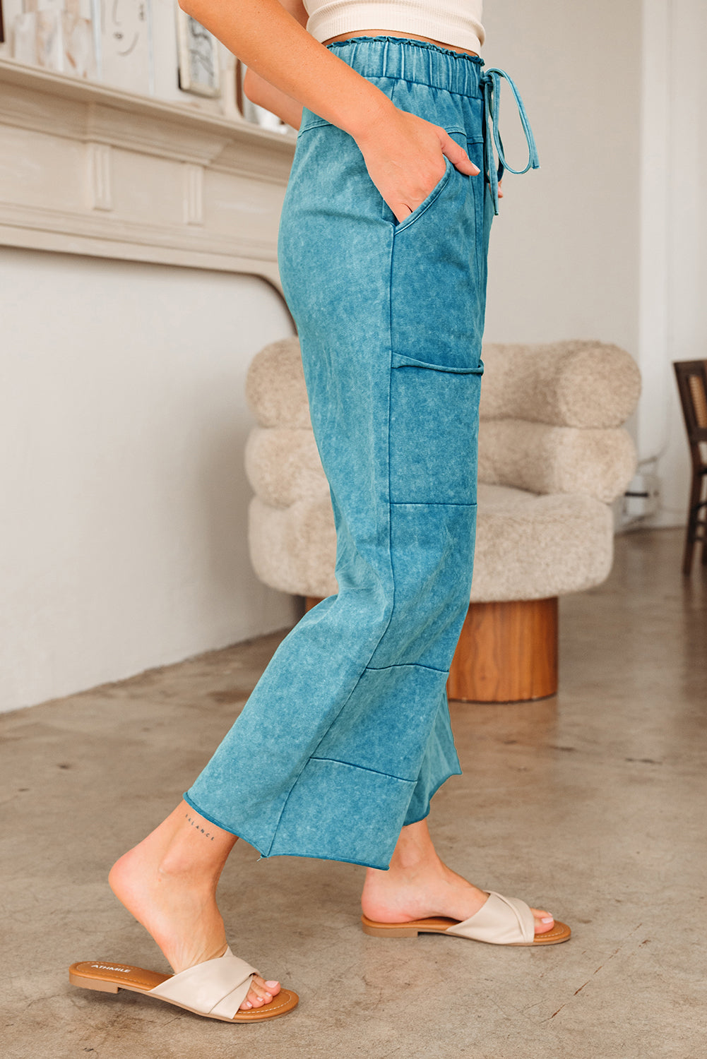 Medium grey lace-up high waist pants with raw hem, patch pockets, and lapis mineral wash, from Dear-Lover's bottoms collection.