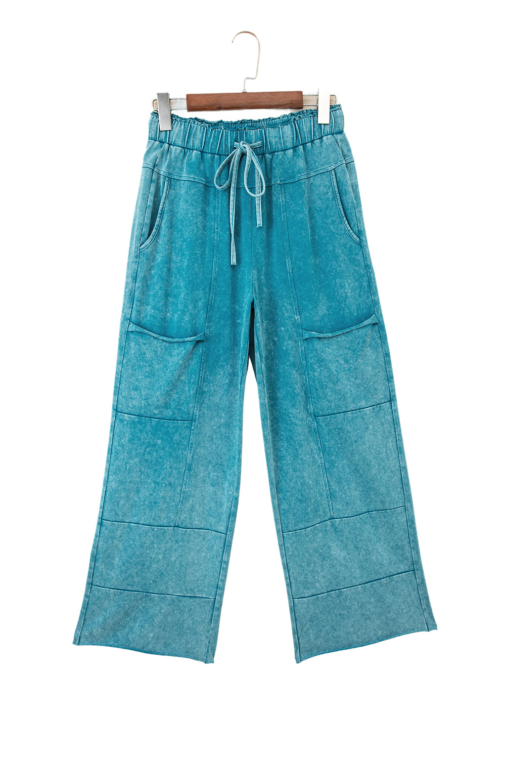 Medium grey lace-up high waist pants with raw hem, patched pockets, made from Lapis mineral wash cotton, by Dear-Lover.