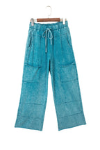 Medium grey lace-up high waist pants with raw hem, patched pockets, made from Lapis mineral wash cotton, by Dear-Lover.