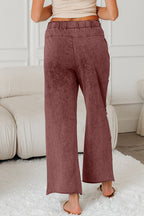 Light grey high waist lace-up pants with raw hem, patched pockets, and lapis mineral wash detail, from Dear-Lover Bottoms collection.