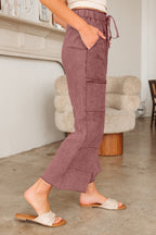 Medium grey lace-up high waist pants with raw hem, patch pockets, and lapis mineral wash, made of 100% cotton from Dear-Lover.