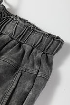 Medium grey high waist lace-up pants with raw hem, patch pockets, and mineral wash, designed by Dear-Lover for a casual look.