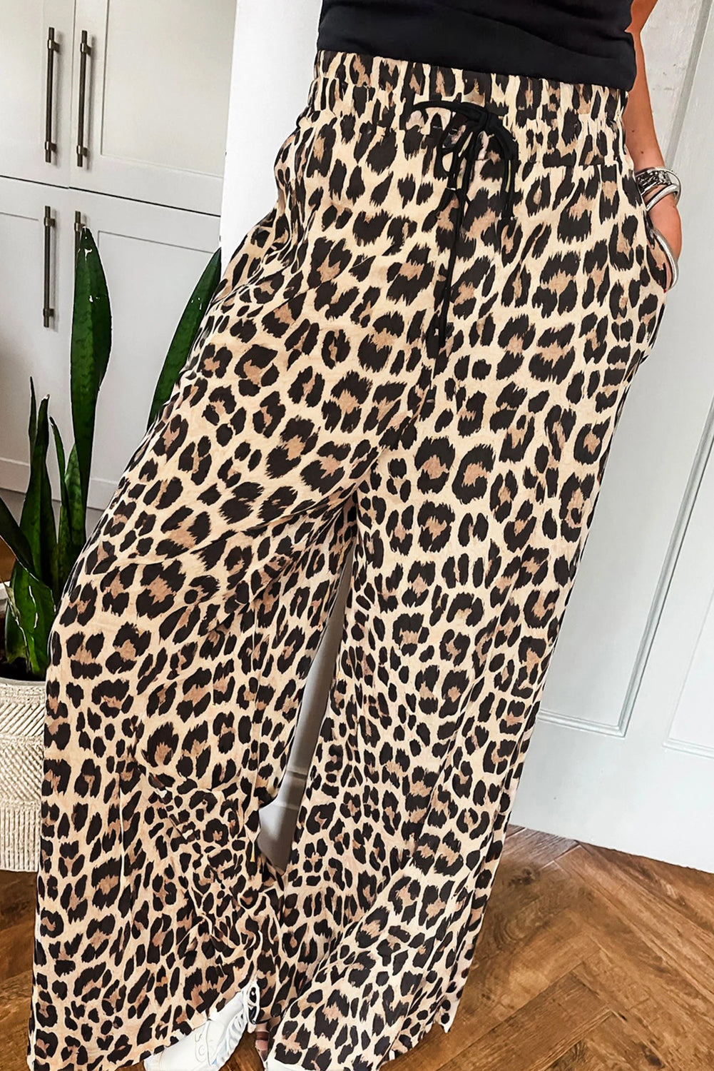 Parchment leopard print flowy wide-leg pants with elastic waistband and drawstring from Dear-Lover, casual bottoms for women.