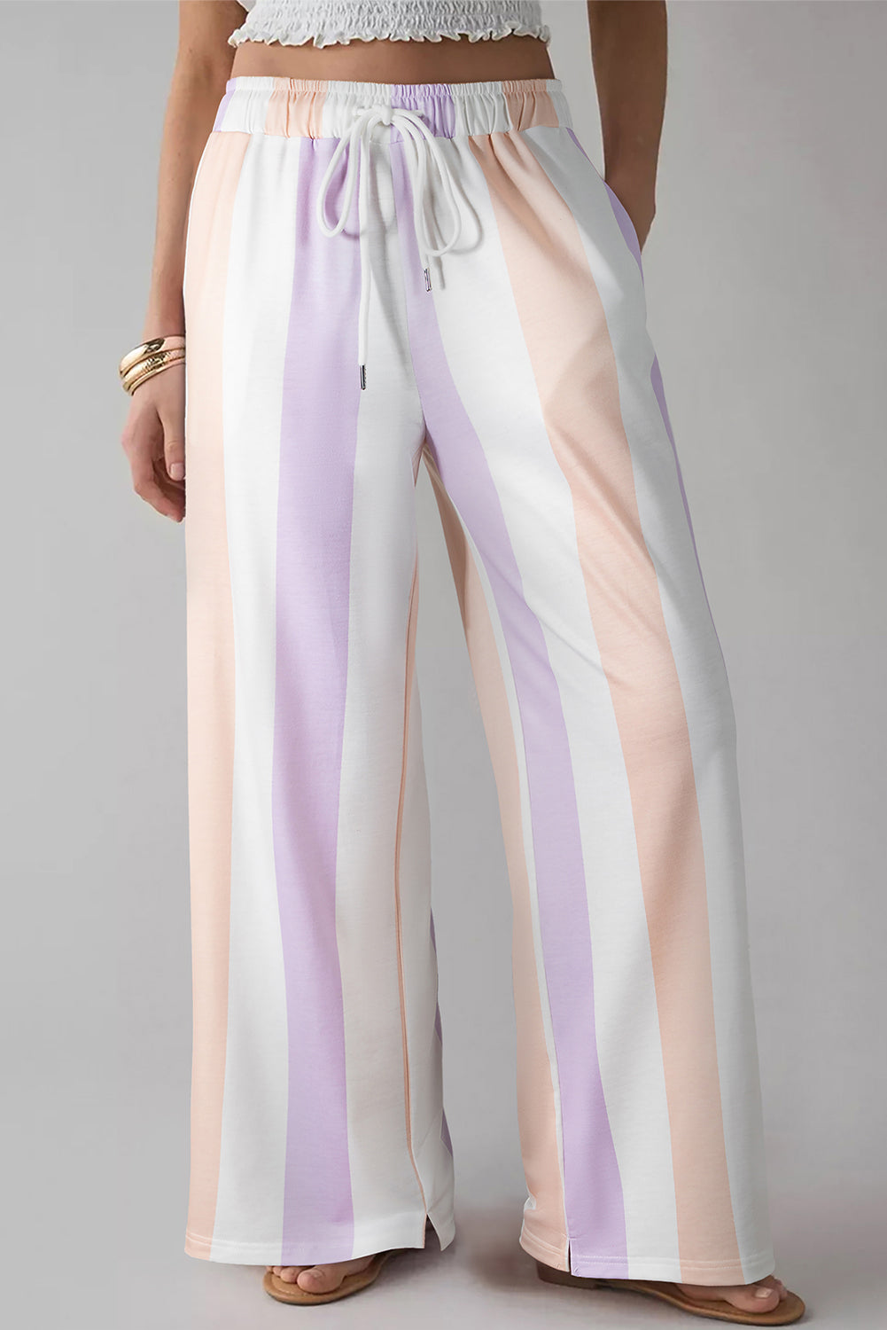 Purple stripe multicolored print drawstring loose pants with side pockets, casual culotte bottoms by Dear-Lover Dropshipping.