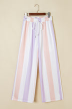 Purple stripe multicolored print drawstring loose pants with side pockets, Dear-Lover brand, made of polyester and elastane.