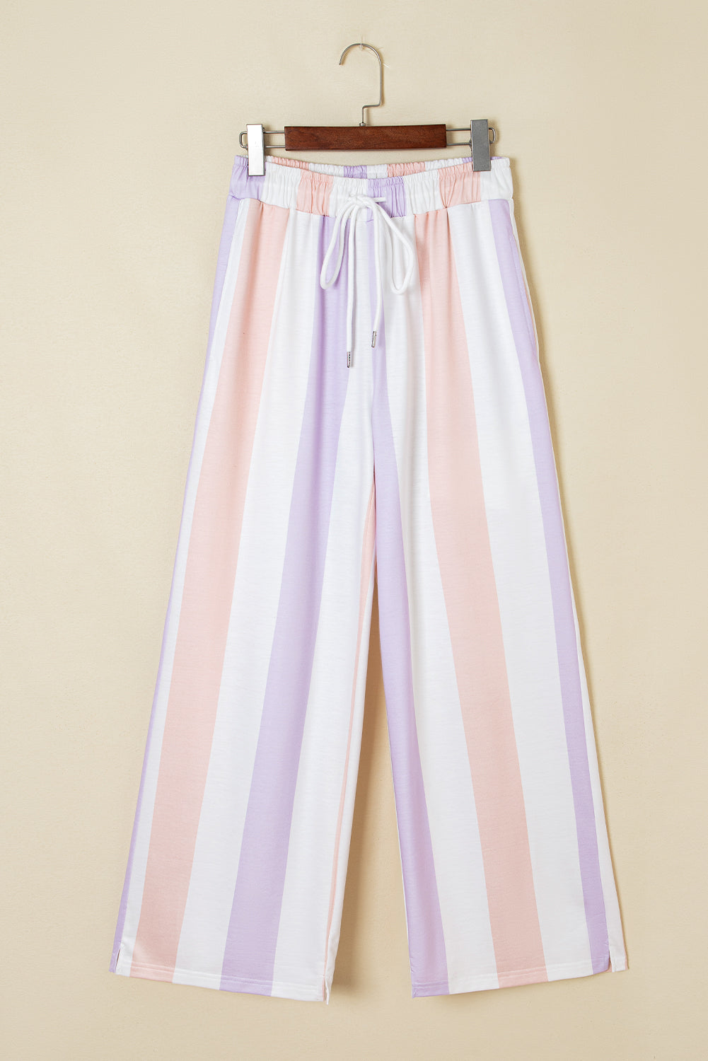 Purple stripe multicolored print drawstring loose pants with side pockets, Dear-Lover brand, made of polyester and elastane.