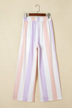 Purple stripe multicolored print drawstring loose pants with side pockets, casual bottoms from Dear-Lover Dropshipping.