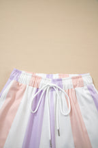 Purple stripe multicolored print drawstring loose pants with side pockets, casual bottoms by Dear-Lover Dropshipping.