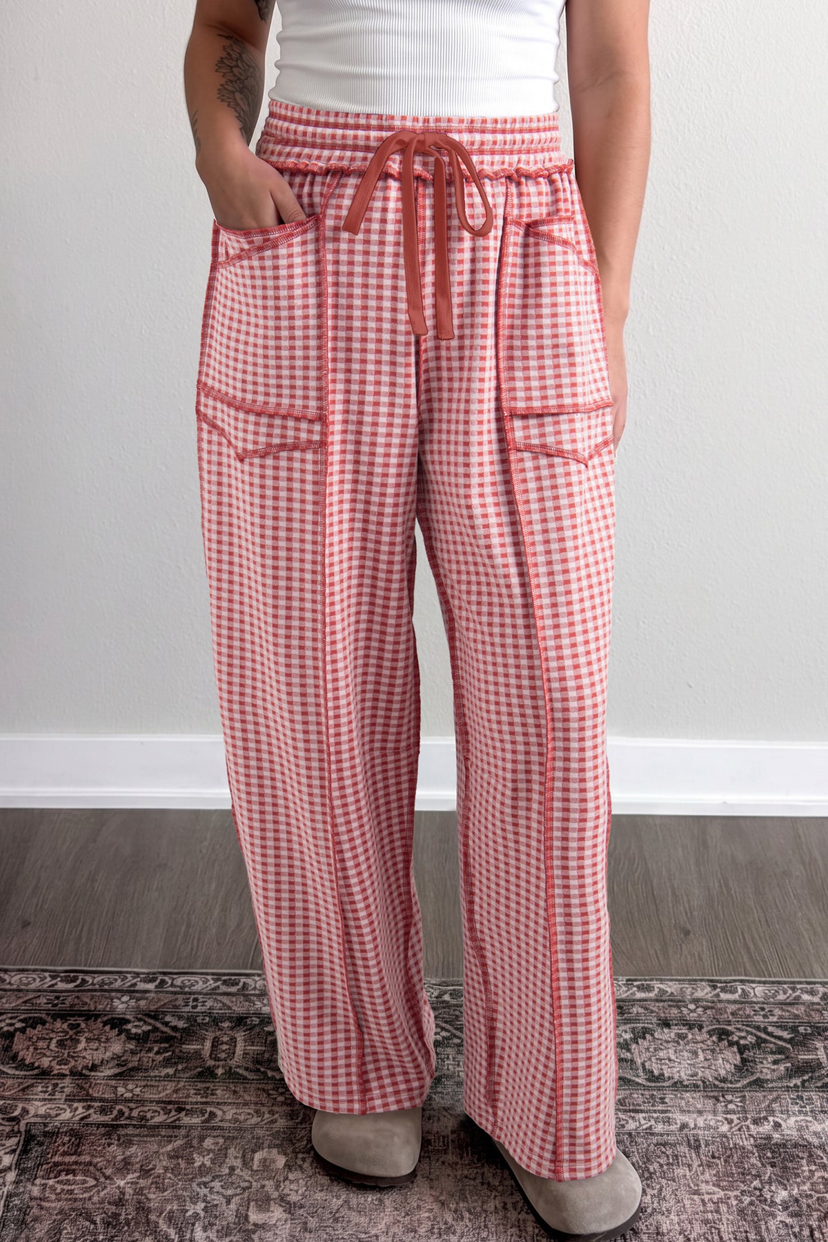 Red plaid contrast trim drawstring elastic waist shift pants by Dear-Lover, casual bottoms with a relaxed fit and stylish design.