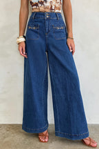 Sail Blue denim wide-leg pants with patched pockets and hardware decor, made from cotton, polyester, and elastane, by Dear-Lover.